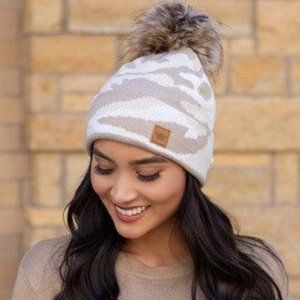 Tan Camo Beanie with Cuff and Faux Fur Pom